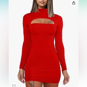 DAAWENXI Medium Sexy Long Sleeve Cut Out Bodycon Ruched Party Club Red Dress